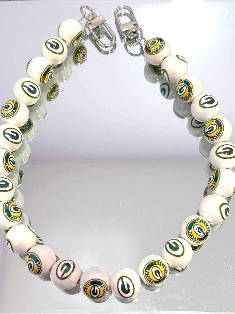 New White Beaded Bag Chain 18 inches with Team Logo